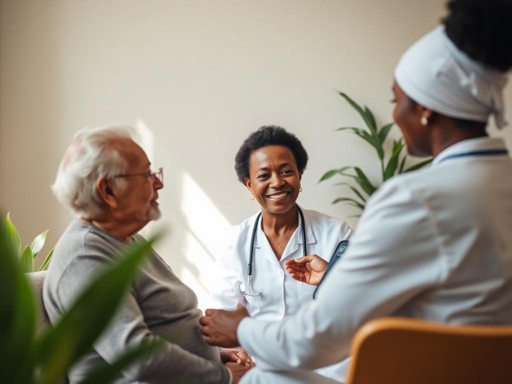 Nigerian nurse gently checking an elderly patient's blood pressure