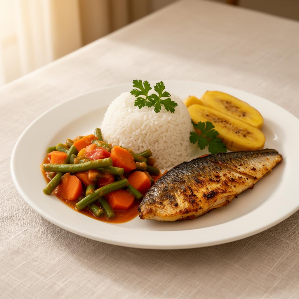 Beautifully plated Nigerian healthy meal on a linen table