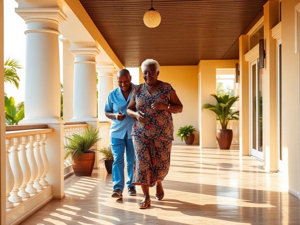 Caregiver assisting an elderly woman along a sunlit veranda