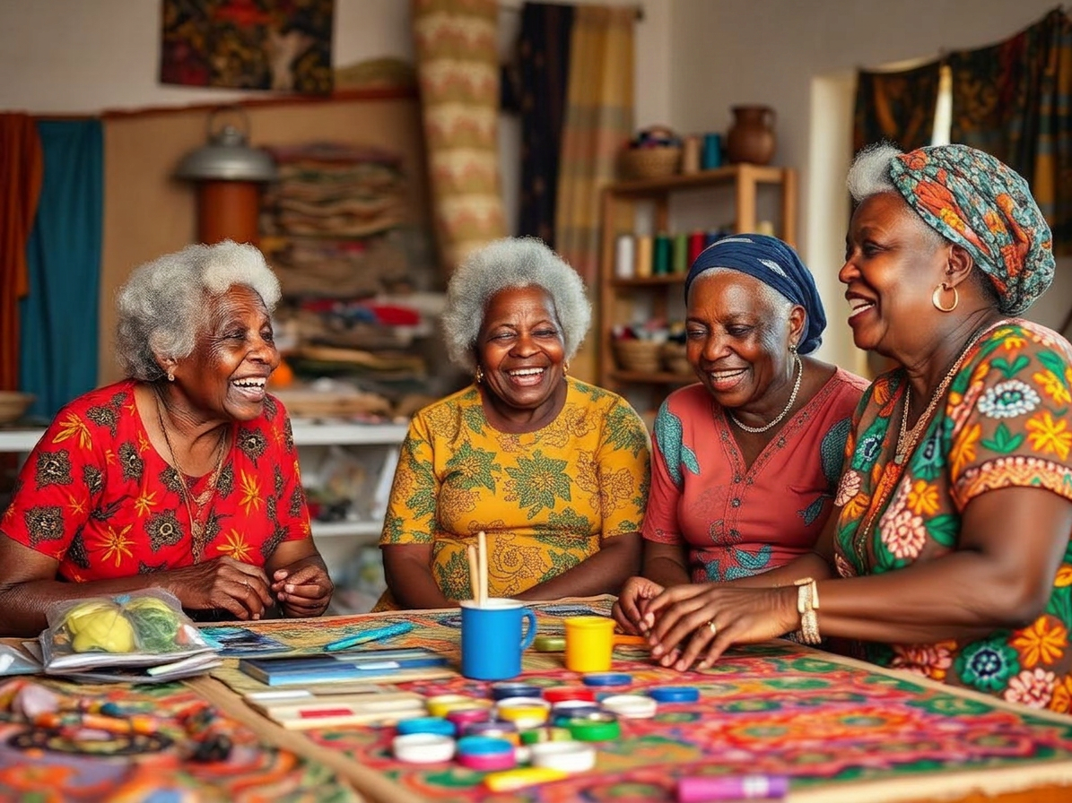 Elderly Nigerian women laughing together in a warm craft room