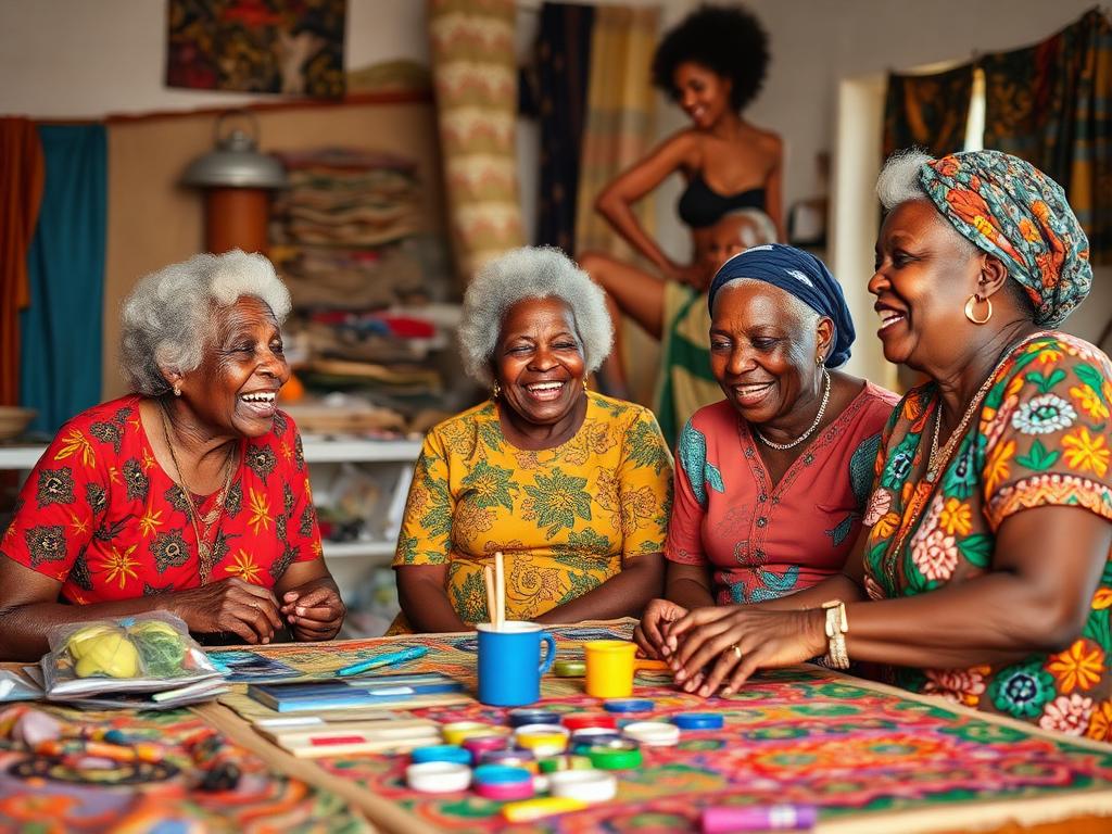 Elderly Nigerian women laughing together in a warm craft room