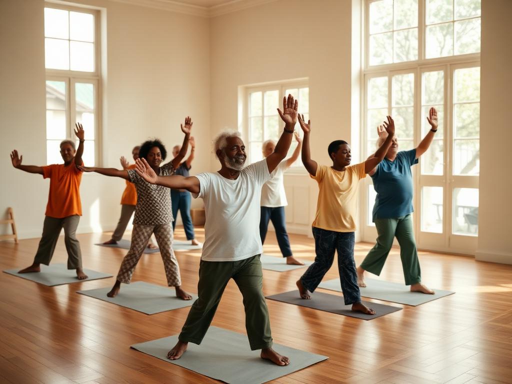 Group of older adults practicing gentle stretching in a sunlit studio